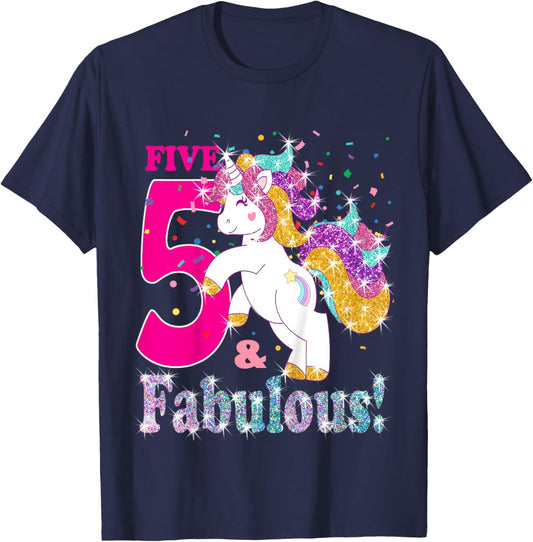 Kids I am 5 and Fabulous Unicorn Shirt for Girls (5th Birthday) T-Shirt - T-Shirt | Navy