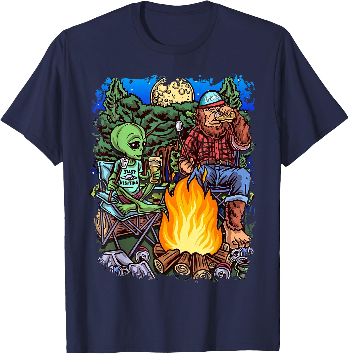 Funny Alien Camping Bigfoot Sasquatch Lumberjack Black Cotton Polyester , Men's Small, Short Sleeve, , Classic Fit, All Seasons, Imported T-Shirt - T-Shirt | Navy