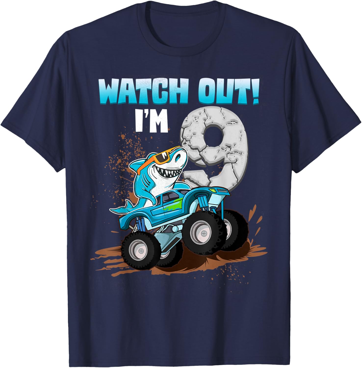 9 Years Old 9th Birthday Shark Boy Girl Monster Truck Gamer T-Shirt - T-Shirt | Navy