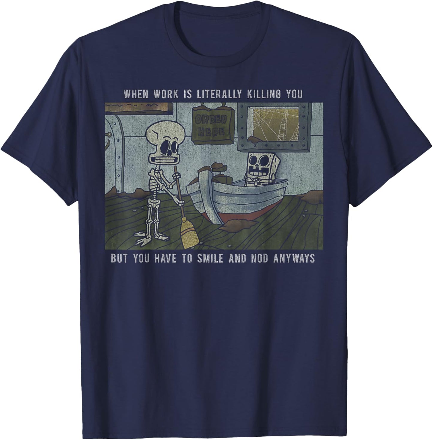 SpongeBob SquarePants Skeleton Meme Poster T-Shirt - T-Shirt | Navy