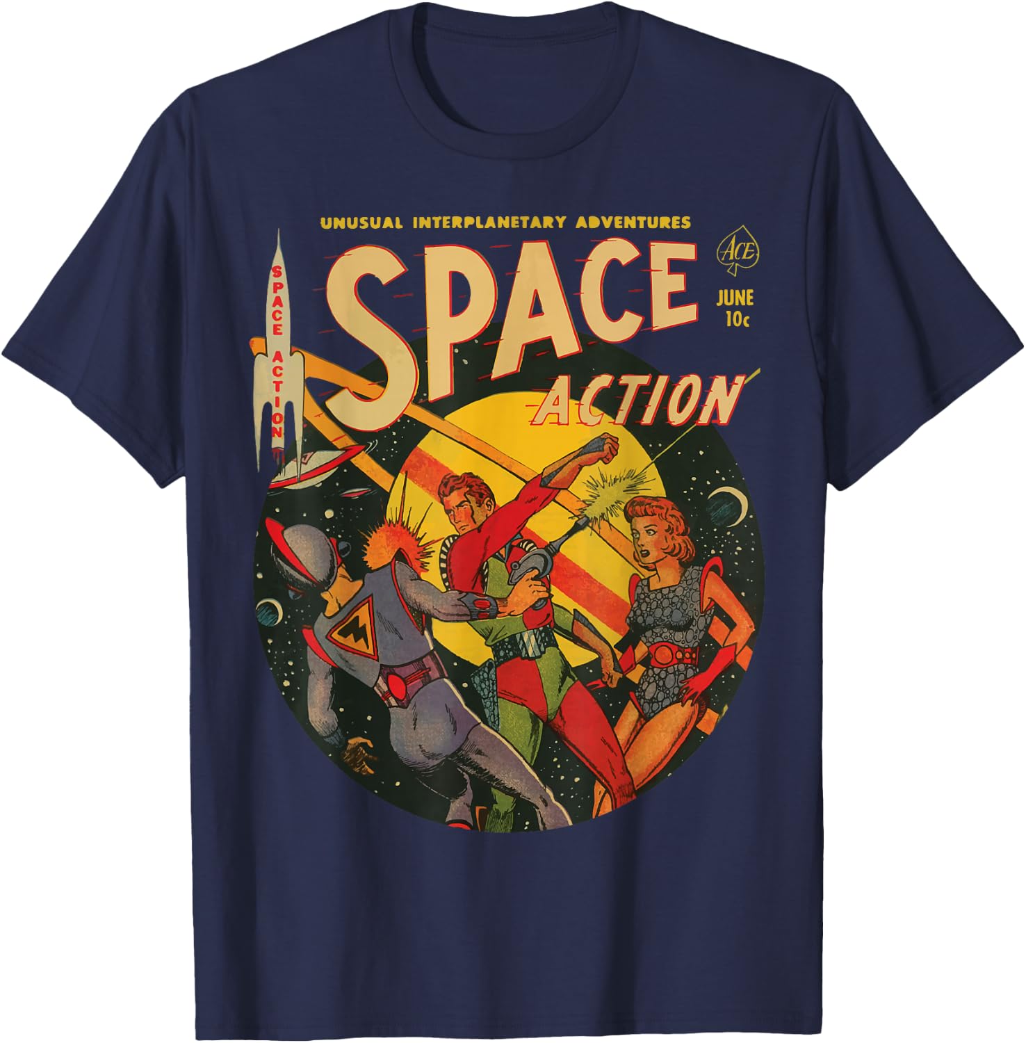 Space Action Comics, Vintage Sci-Fi Comic, 50's Comic, Retro T-Shirt - T-Shirt | Navy