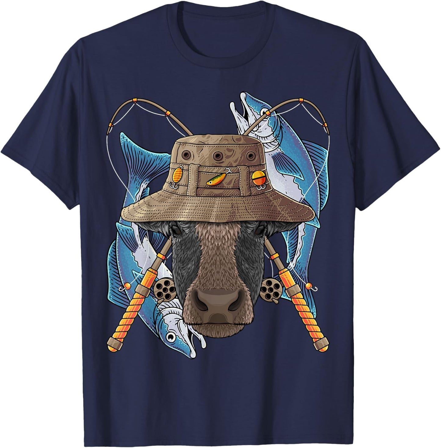 Fishing Cow Outdoor Fisherman Farm Animal Cute Fly Fishing T-Shirt - T-Shirt | Navy