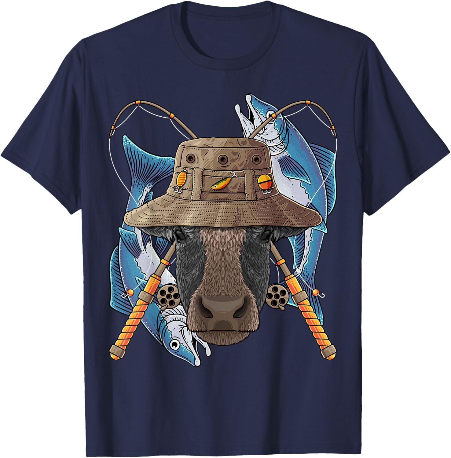 Fishing Cow Outdoor Fisherman Farm Animal Cute Fly Fishing T-Shirt - T-Shirt | Navy