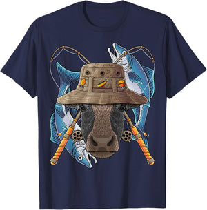 Fishing Cow Outdoor Fisherman Farm Animal Cute Fly Fishing T-Shirt - T-Shirt | Navy