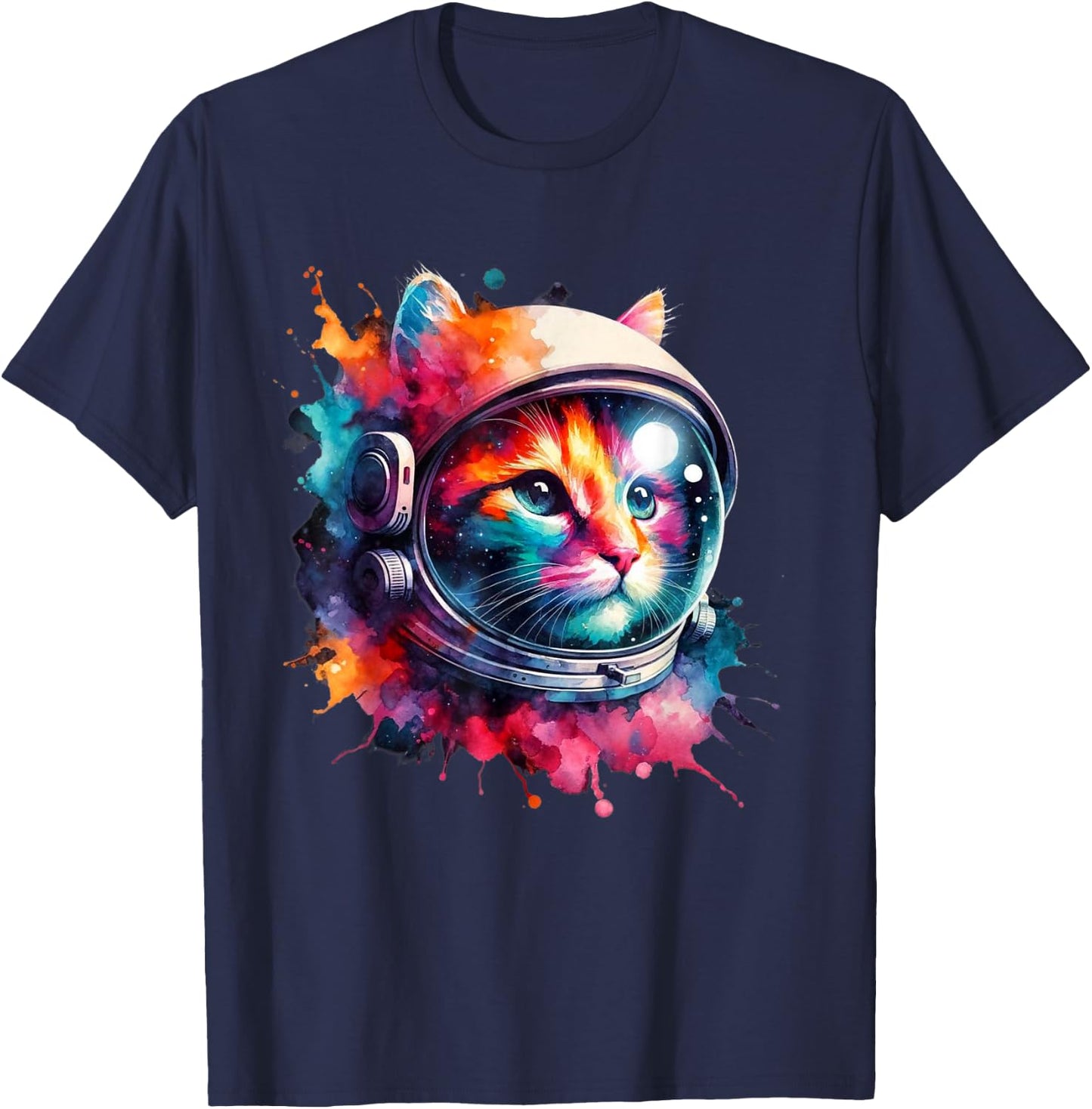 Funny Cat Astronaut Outer Space Watercolor Splash Cat Lover T-Shirt - T-Shirt | Navy