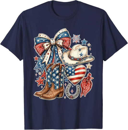 Western American Flag Farm Patriotic Cowgirl 4th of July T-Shirt - T-Shirt | Navy