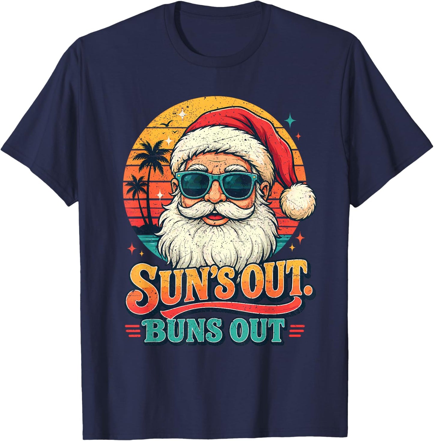 Christmas in July Suns Out Buns Out Vintage Beach Santa T-Shirt - T-Shirt | Navy