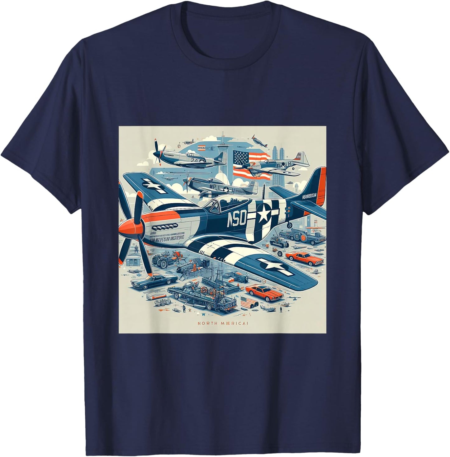 P51 Mustang WW2 Warplane US Airplane Infographics T-Shirt - T-Shirt | Navy