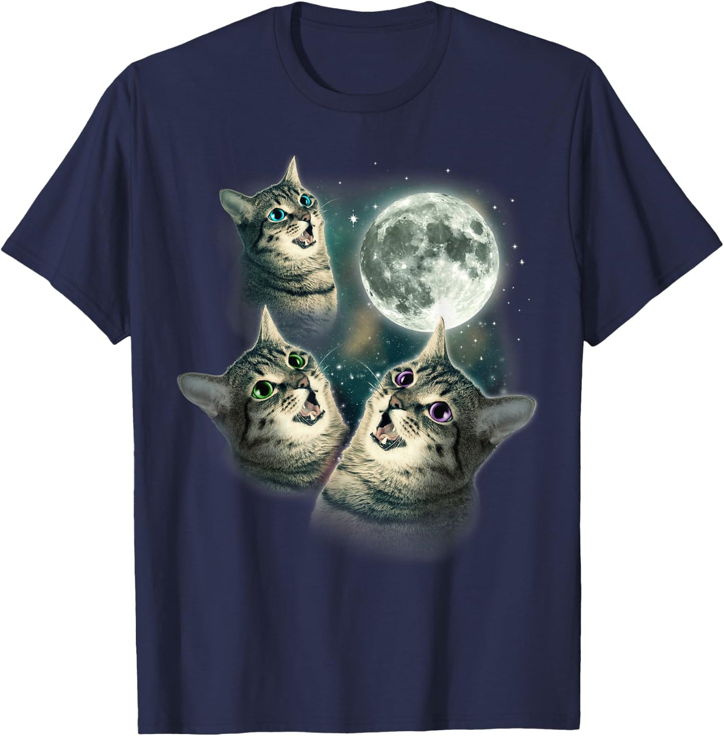 Funny Cat Shirt | Three Cat Moon 3 Wolfs Cute Kitten Graphic T-Shirt - T-Shirt | Navy