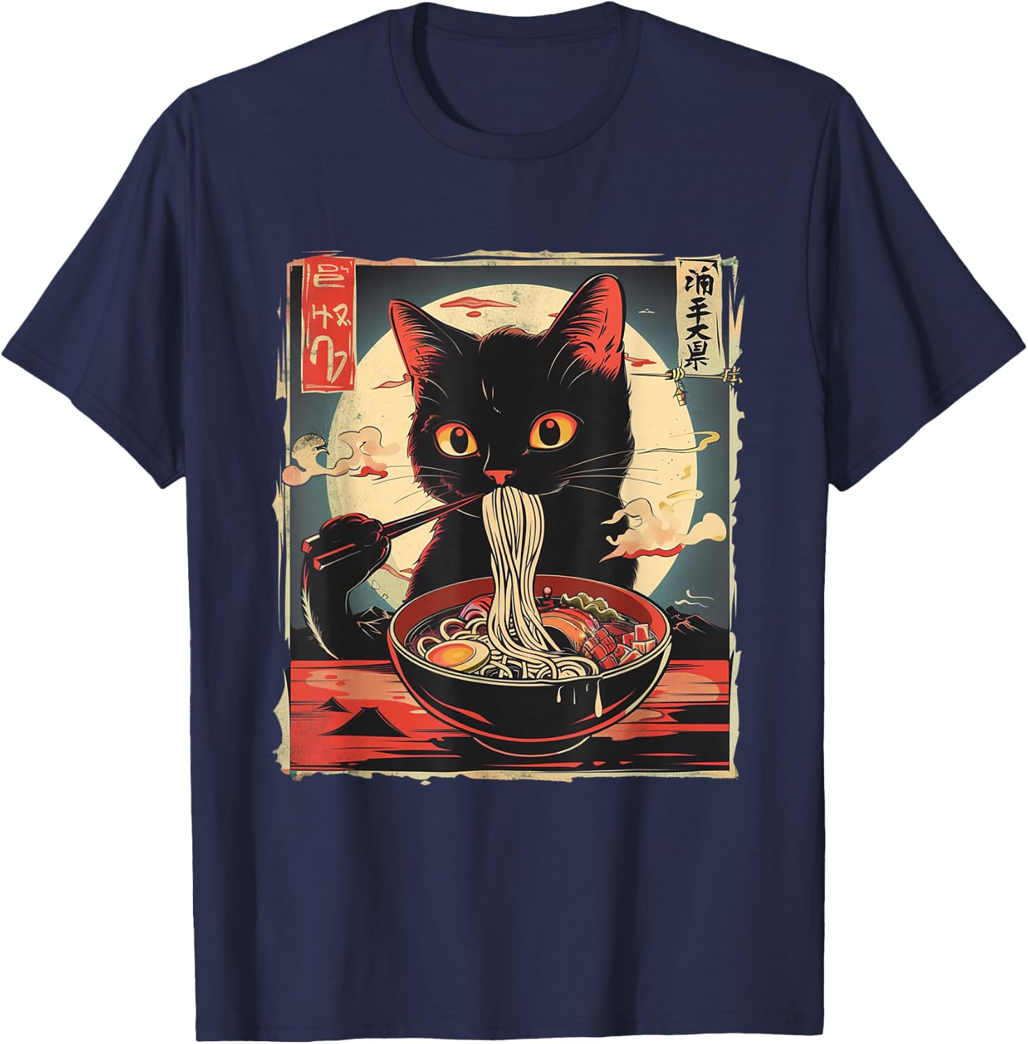 Retro Japanese Kawaii Cute Cat Eating Ramen Poster , Small, Black T-Shirt - T-Shirt | Navy