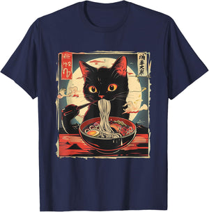 Retro Japanese Kawaii Cute Cat Eating Ramen Poster , Small, Black T-Shirt - T-Shirt | Navy