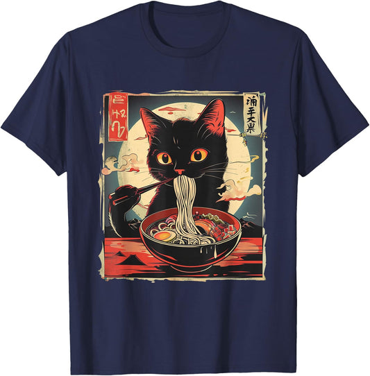 Retro Japanese Kawaii Cute Cat Eating Ramen Poster , Small, Black T-Shirt - T-Shirt | Navy