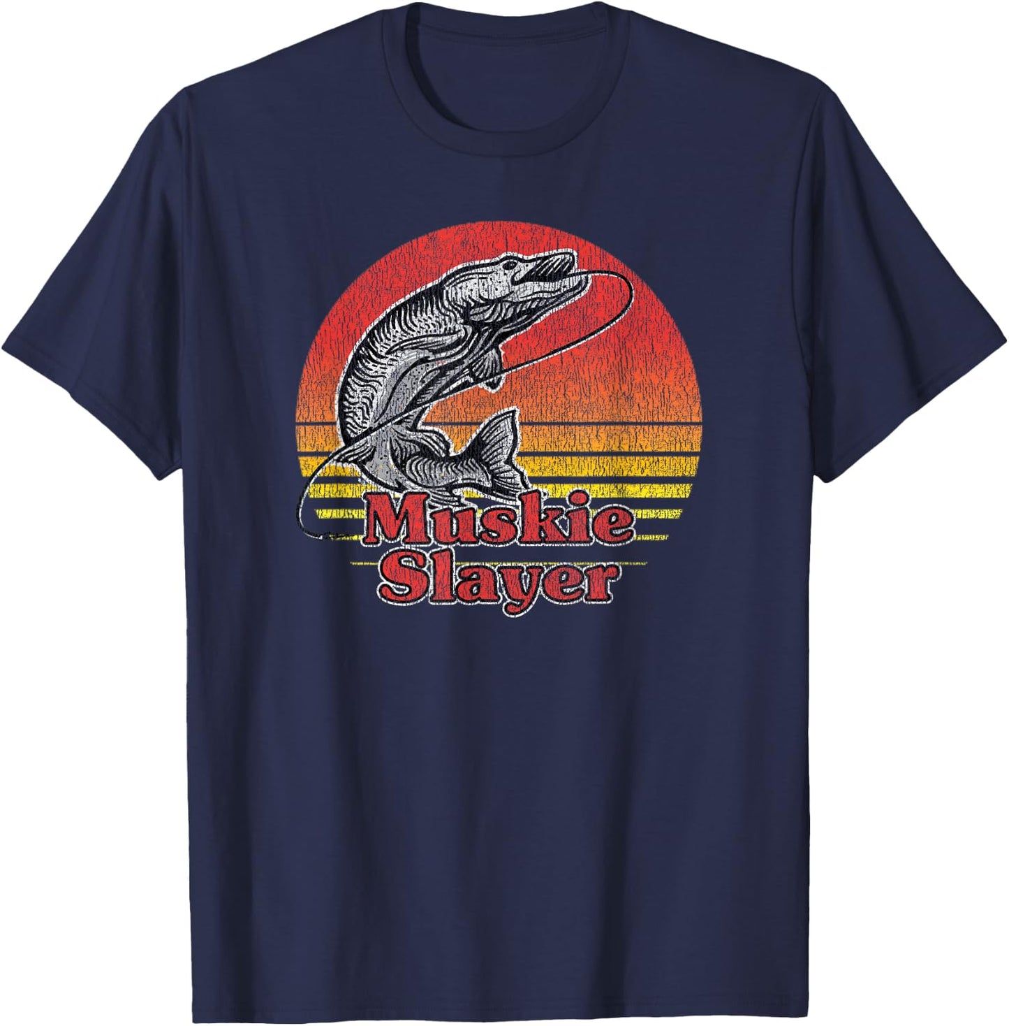 Muskie Slayer - Retro Vintage Look Muskellunge Fishing T-Shirt - T-Shirt | Navy