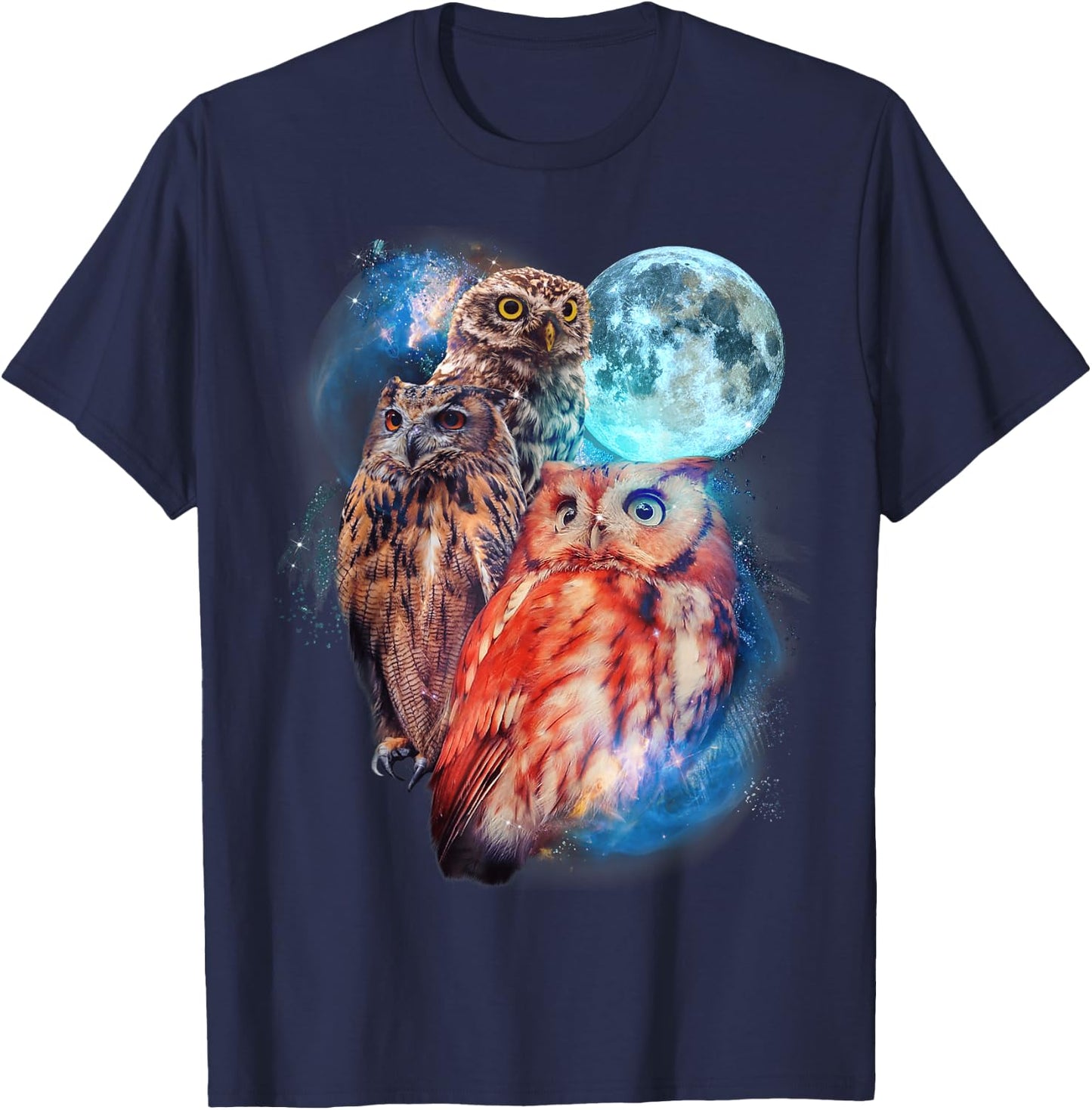 3 Moon Owl Funny Nocturnal Birds Of Prey Graphic Art Humor T-Shirt - T-Shirt | Navy