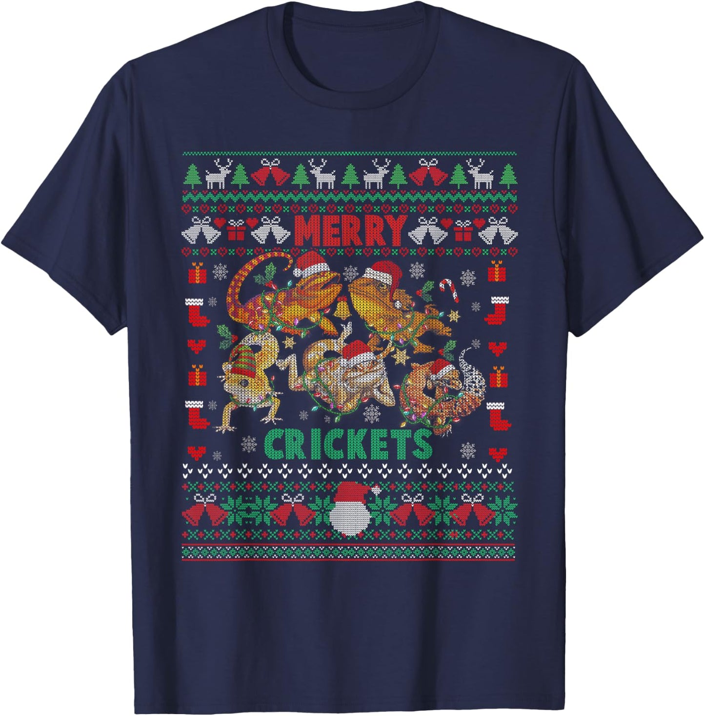 Merry Crickets Bearded Dragon Ugly Christmas Sweater T-Shirt - T-Shirt | Navy