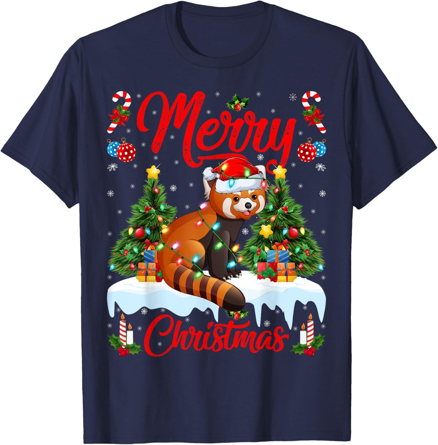 Red Panda Lover Xmas Lighting Santa Hat Red Panda Christmas T-Shirt - T-Shirt | Navy