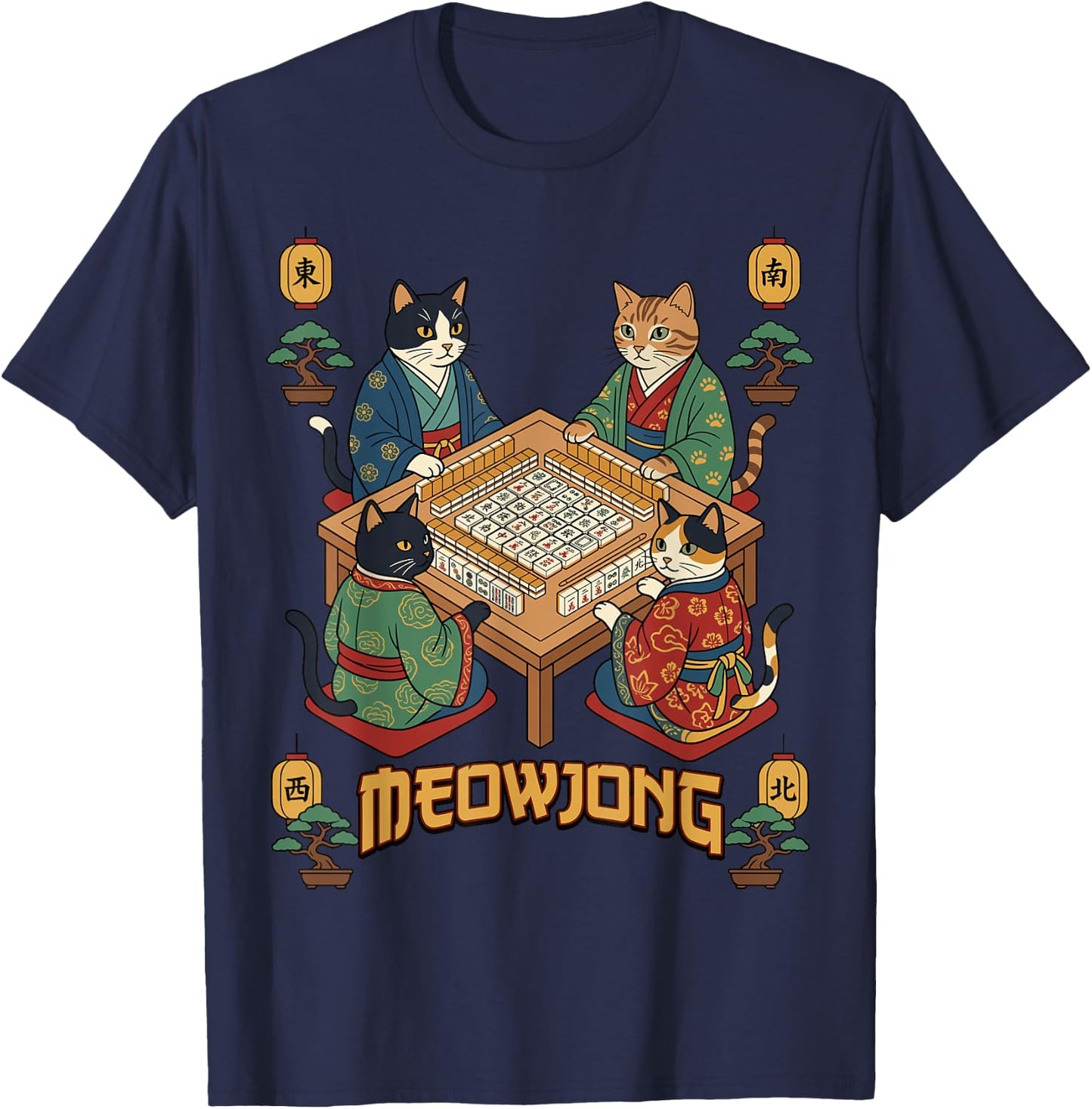 Cute Cats Playing Mahjong Meowjong Feline Game T-Shirt - T-Shirt | Navy
