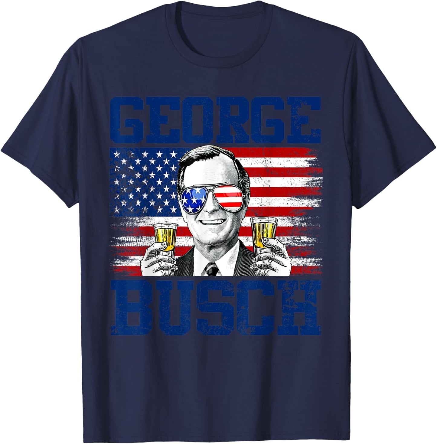 George 43rd President Drinking Beer Party USA Flag July 4th T-Shirt - T-Shirt | Navy