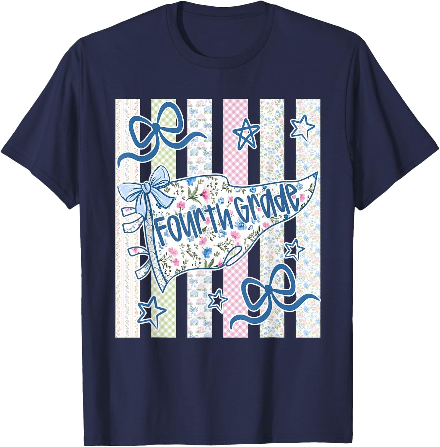 Striped Preppy Fourth Grade Back to School Teacher Girl Kids T-Shirt - T-Shirt | Navy
