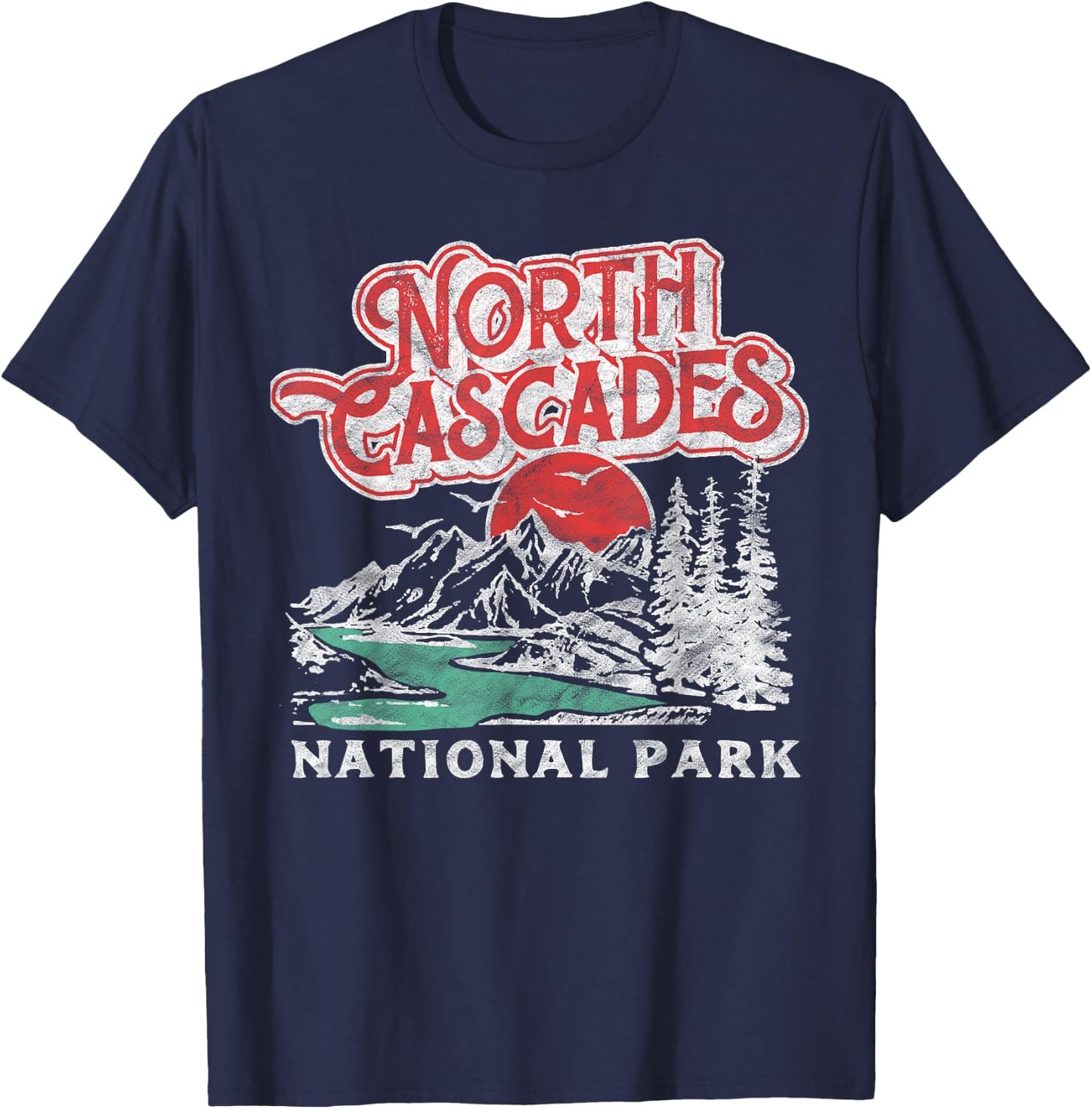 North Cascades National Park Retro 80's Mountains Distressed T-Shirt - T-Shirt | Navy
