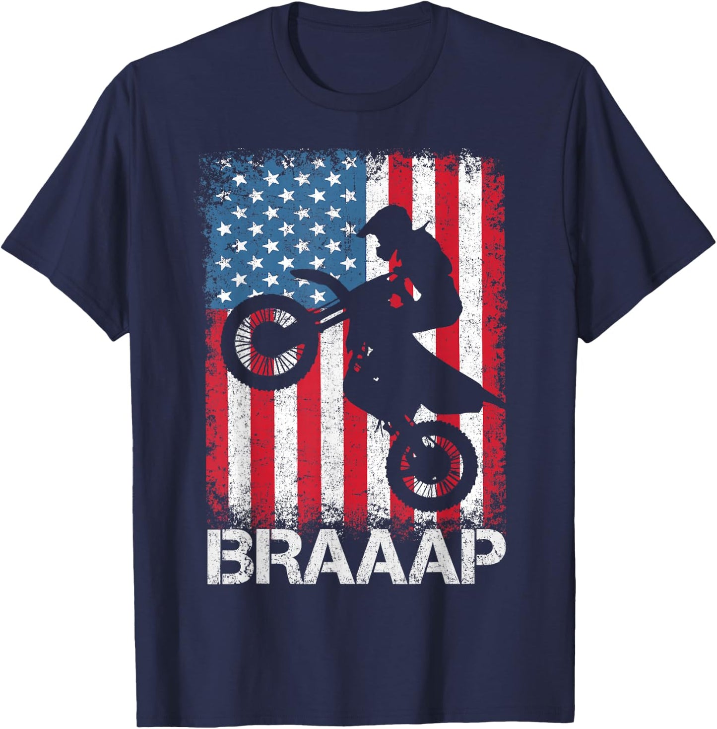 Braaap Vintage USA American Flag Motocross Dirt Bike T-Shirt - T-Shirt | Navy