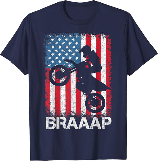 Braaap Vintage USA American Flag Motocross Dirt Bike T-Shirt - T-Shirt | Navy