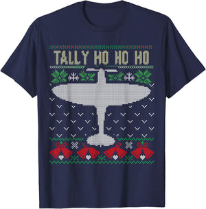 Spitfire Christmas Ugly Jumper Style Airplane Aircraft Plane T-Shirt - T-Shirt | Navy