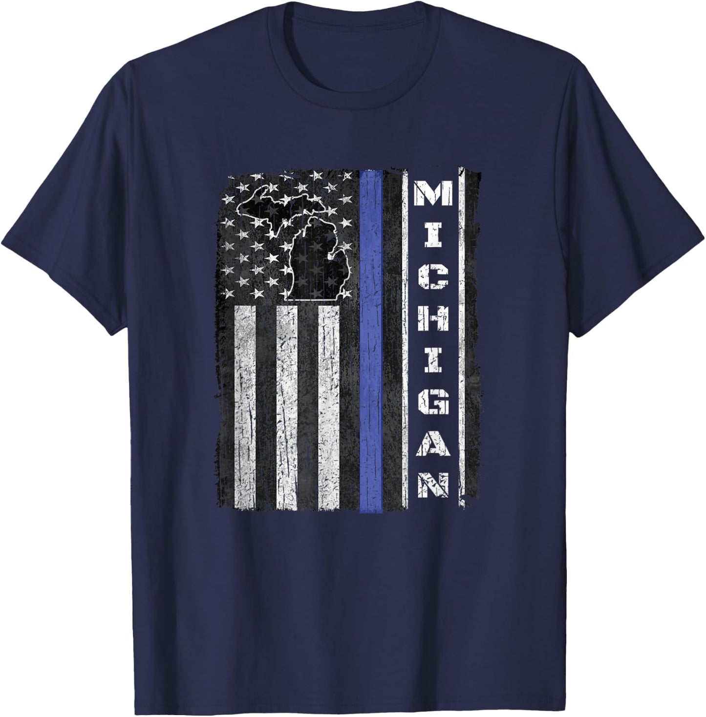 Michigan Police Week Thin Blue Line Shirt USA Flag Gifts Cop T-Shirt - T-Shirt | Navy