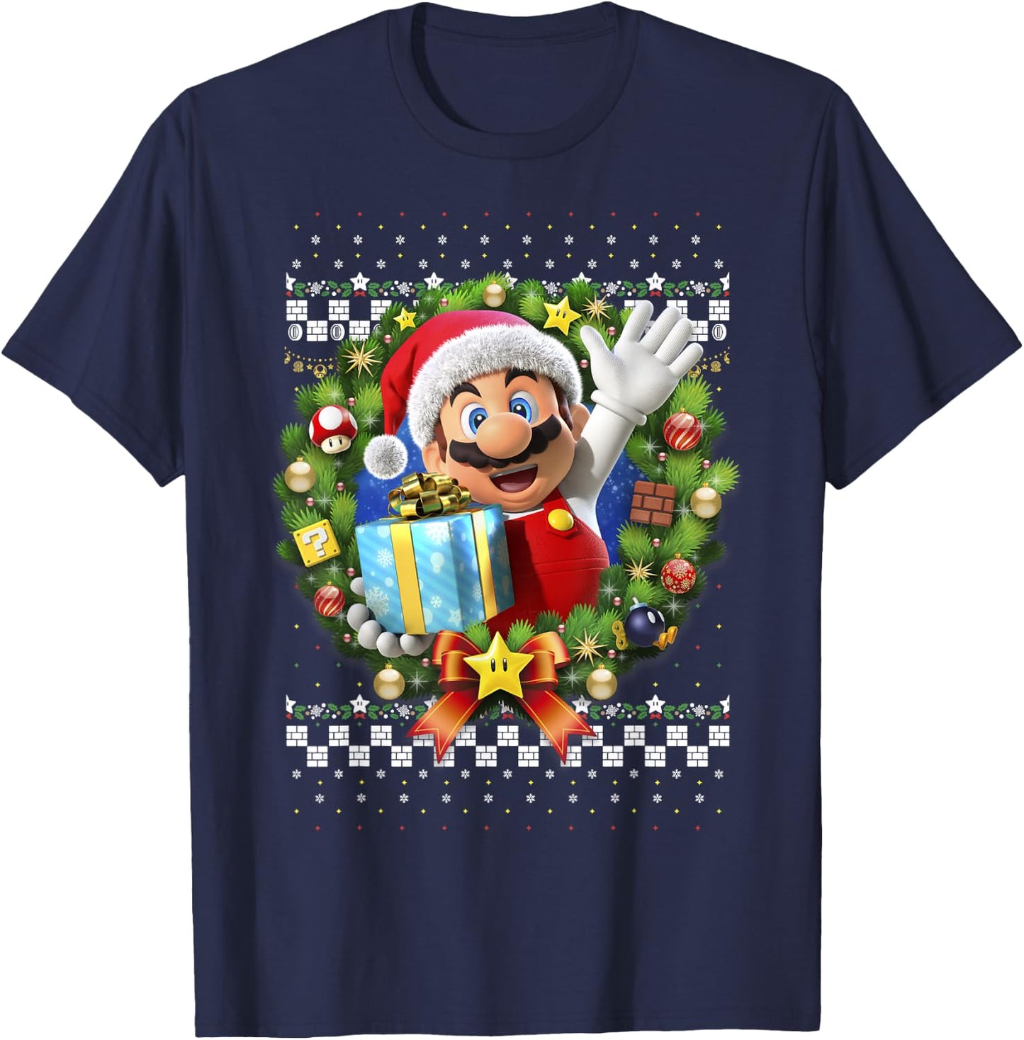 Super Mario Christmas Ugly Sweater Mario Present T-Shirt - T-Shirt | Navy
