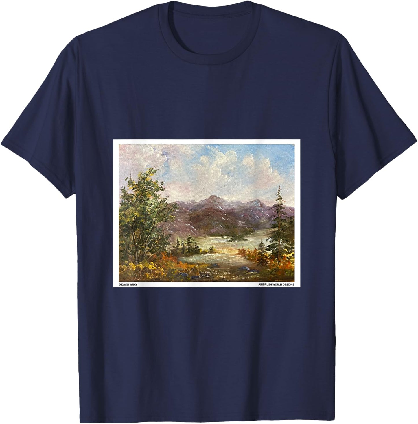 Mountains Through The Trees Nature Landscape Oil Painting T-Shirt - T-Shirt | Navy