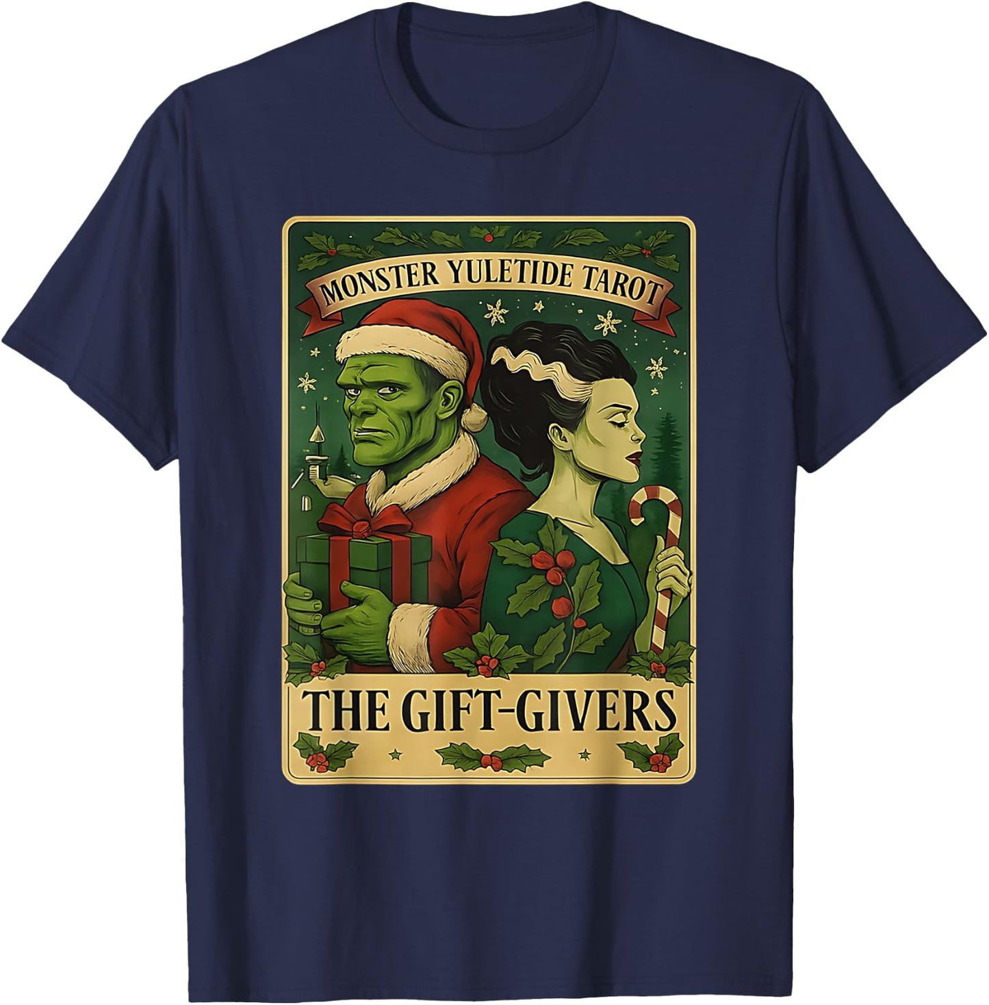 Christmas Frankenstein and Bride The Lovers Tarot Card T-Shirt - T-Shirt | Navy