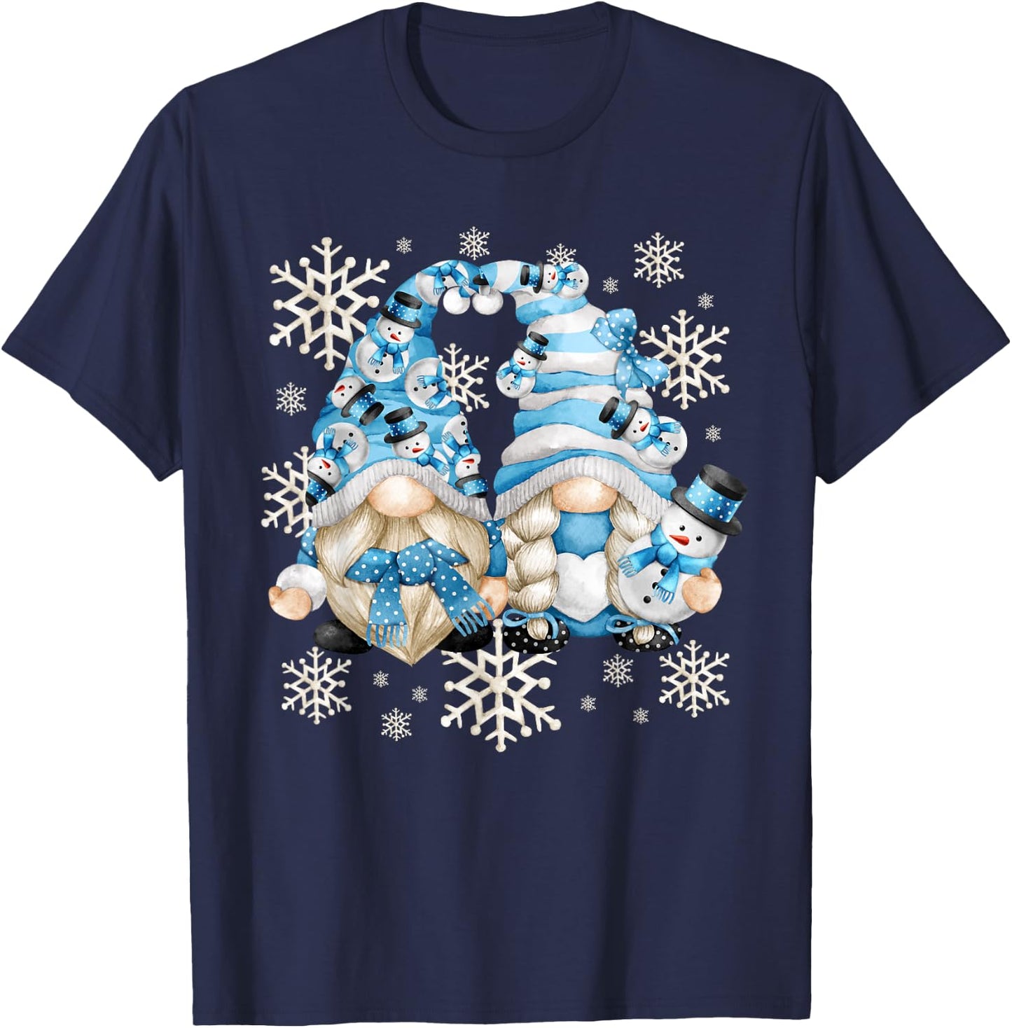 Funny Snowman Gnomies With Snowflake Decor Cute Winter Gnome T-Shirt - T-Shirt | Navy