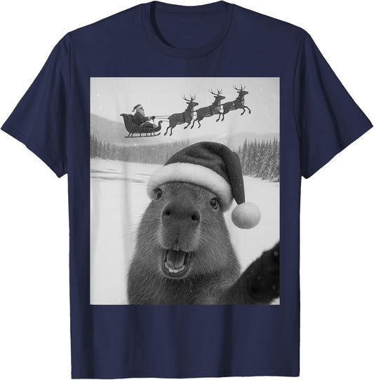 Capybara Selfie with Santa Funny Christmas Kids T-Shirt - T-Shirt | Navy