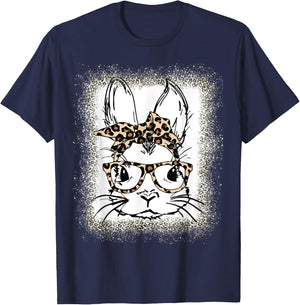 Cute Bunny Face Leopard Print Glasses Bandana Easter Women T-Shirt - T-Shirt | Navy