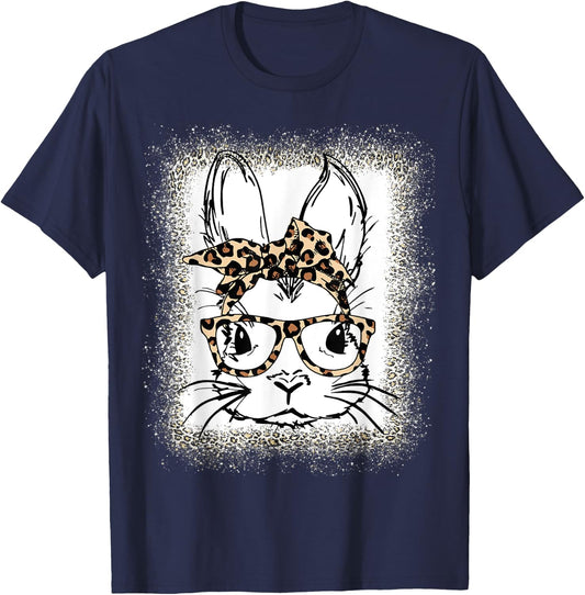 Cute Bunny Face Leopard Print Glasses Bandana Easter Women T-Shirt - T-Shirt | Navy