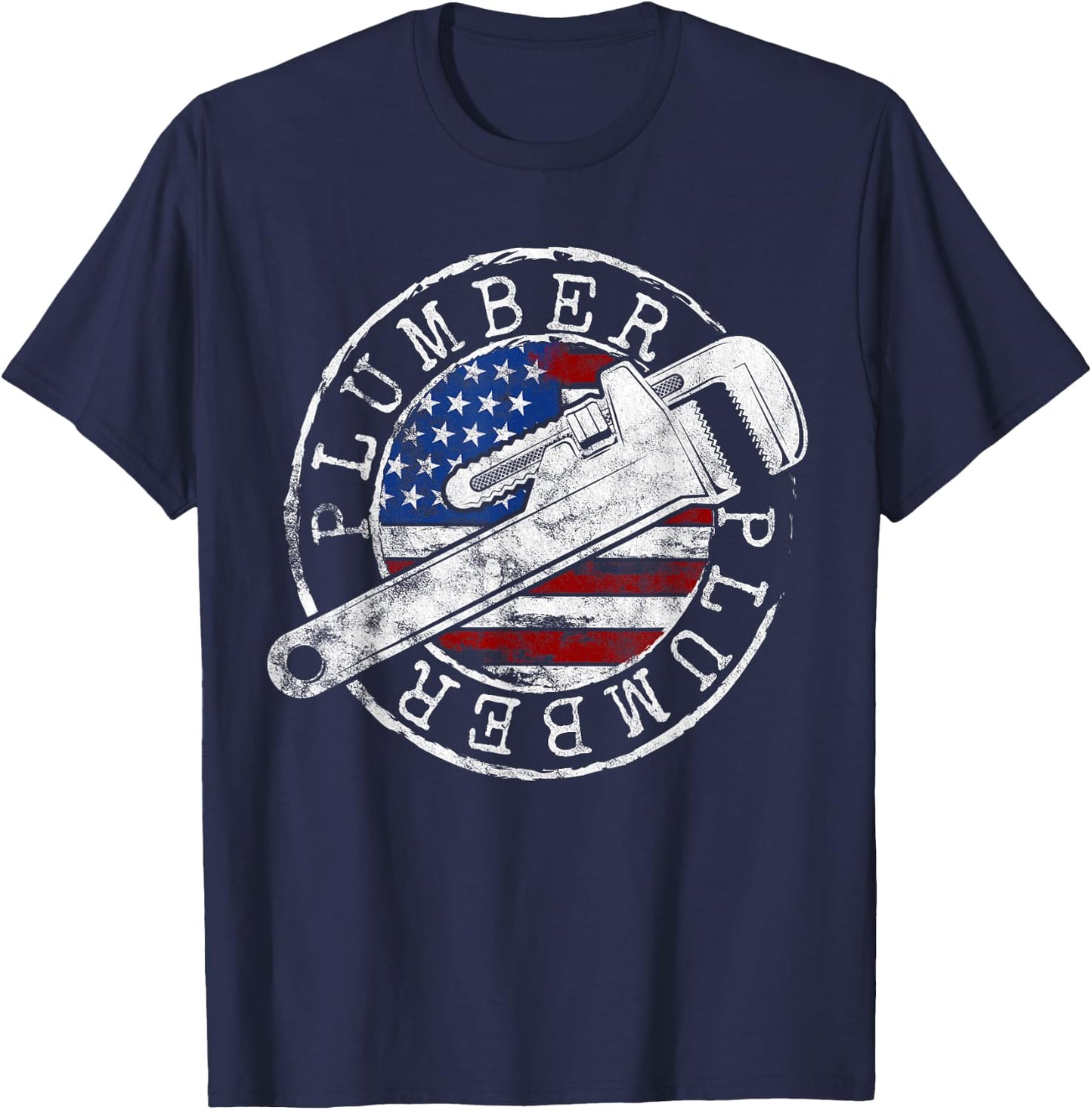 Plumber American Flag Plumbing Gift Usa Patriot Stamp Style T-Shirt - T-Shirt | Navy