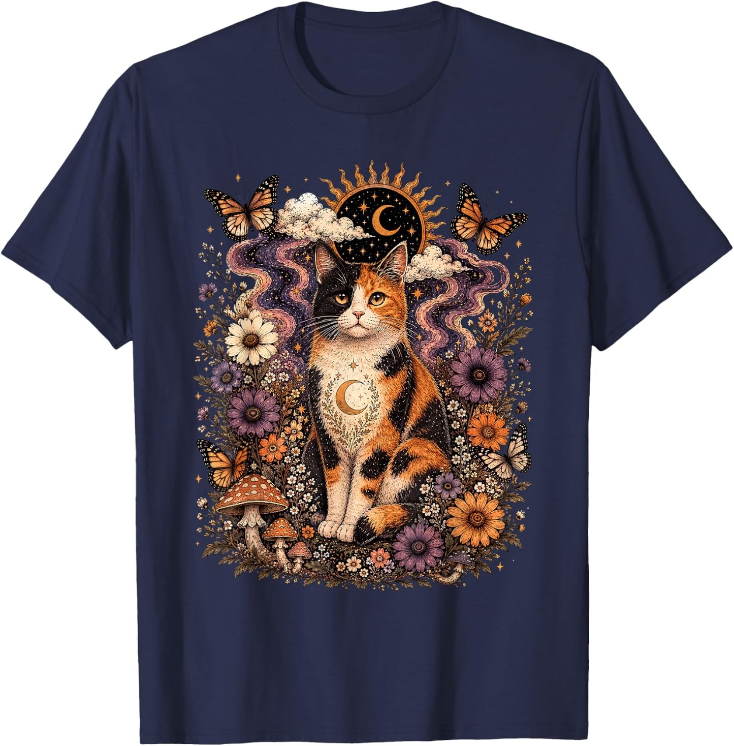 Calico Cat Floral Mushrooms Butterflies Sun Moon Mystical T-Shirt - T-Shirt | Navy