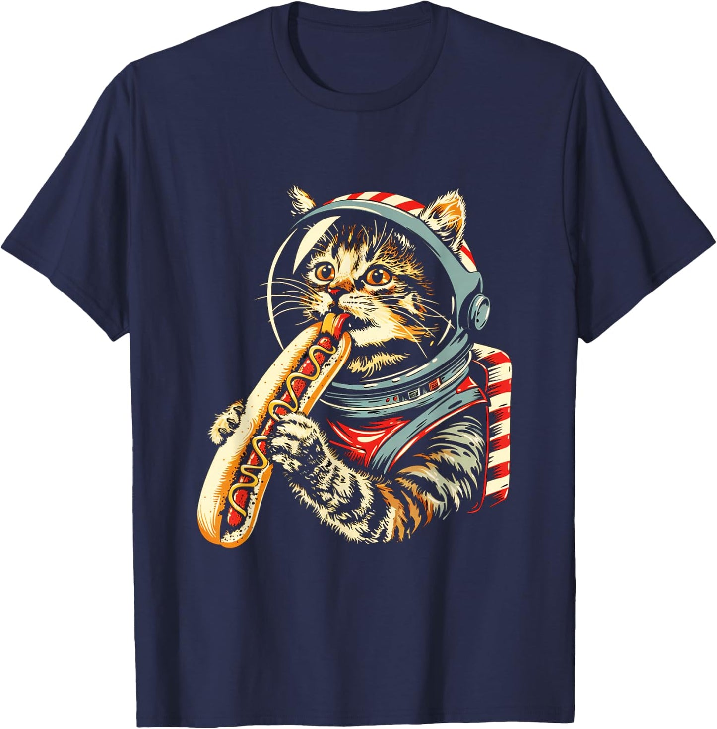 Space Astronaut Cat Eating Hotdog Funny Cat T-Shirt - T-Shirt | Navy
