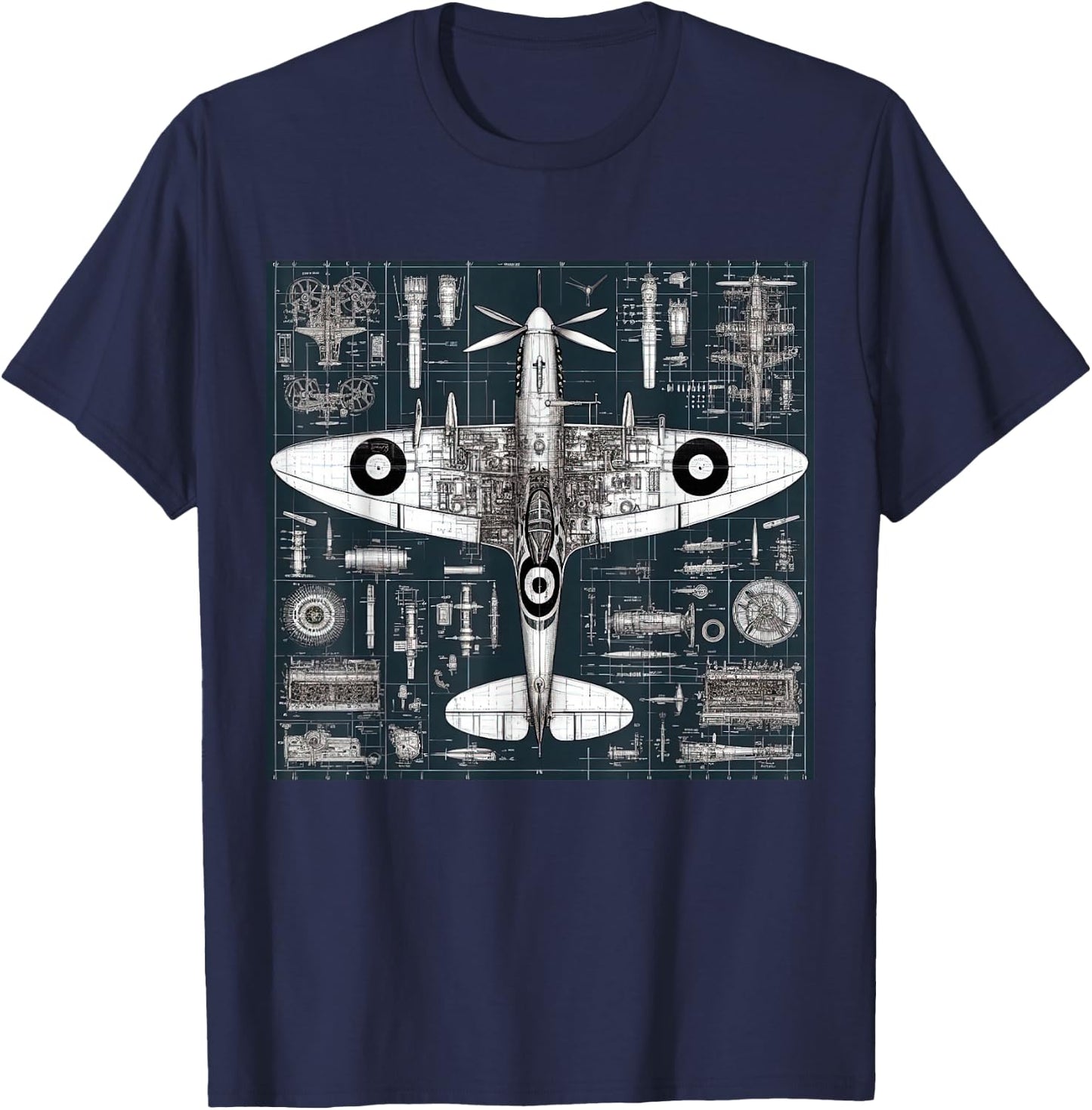 WW2 Warplane Spitfire Anatomy Assembly Parts Blueprint T-Shirt - T-Shirt | Navy