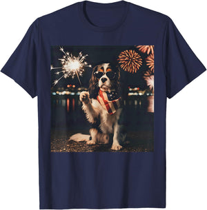 Patriotic Cavalier King Charles Spaniel Fireworks 4th July T-Shirt - T-Shirt | Navy