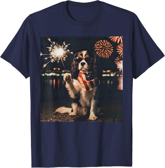 Patriotic Cavalier King Charles Spaniel Fireworks 4th July T-Shirt - T-Shirt | Navy