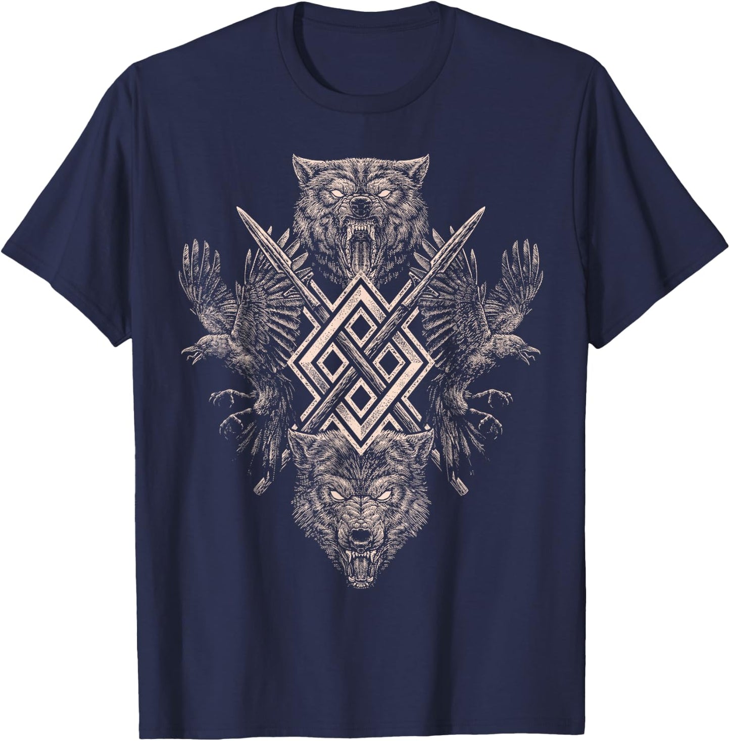 Norse Viking Wolf Raven of Odin with Pagan Gungnir Symbol T-Shirt - T-Shirt | Navy