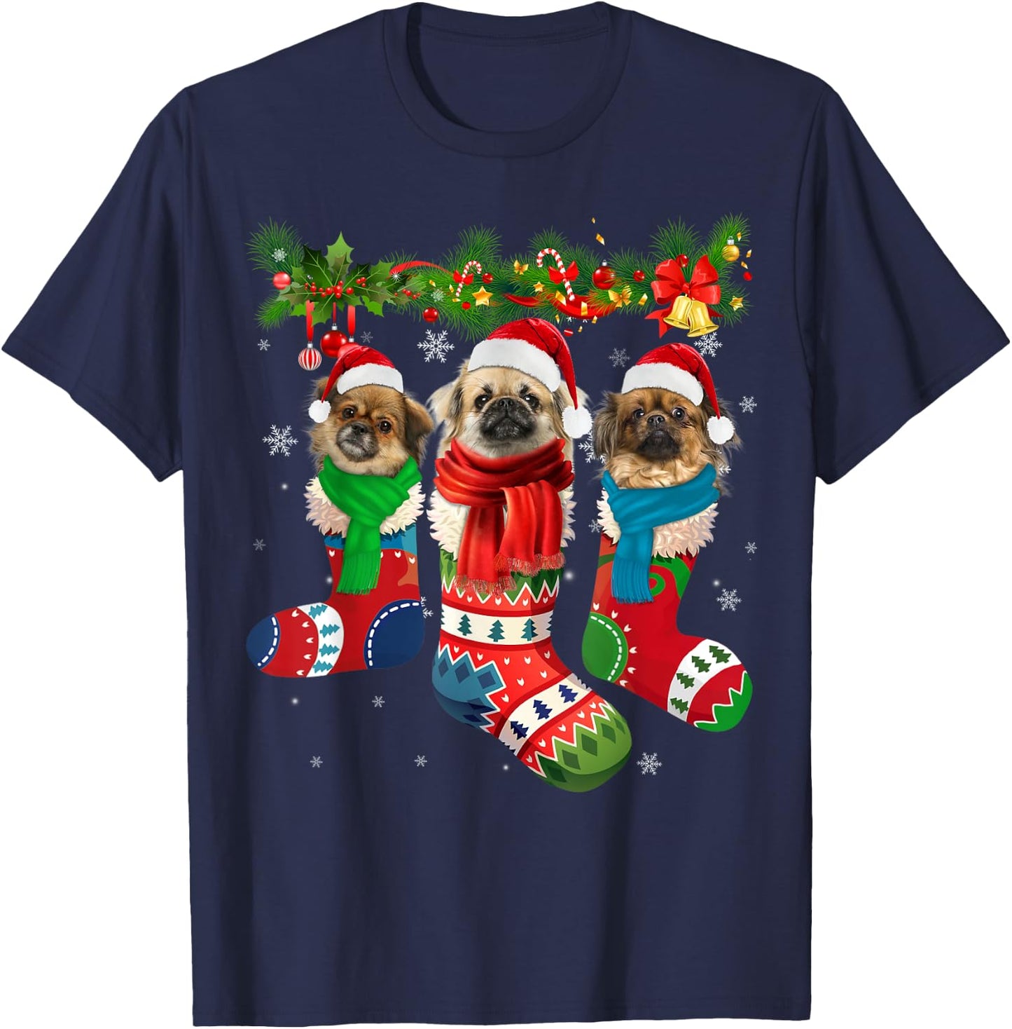 Three Tibetan spaniels In Christmas Socks T-Shirt - T-Shirt | Navy