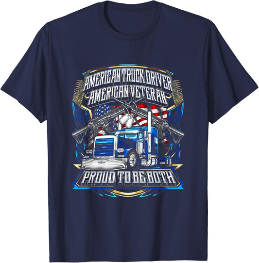 American Truck Driver US Veteran Proud to be both 4th July T-Shirt - T-Shirt | Navy