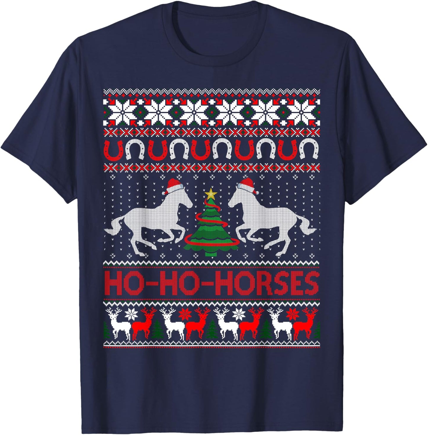 Ho Horses Xmas Ugly Christmas Sweater Equestrian T-Shirt - T-Shirt | Navy