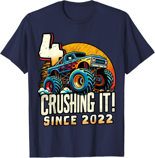 Birthday Monster Truck 4 Year Old Boys 4th Party Born 2022 T-Shirt - T-Shirt | Navy