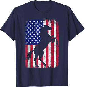 Patriotic Horse American Flag Horseback Riding Farm Gifts T-Shirt - T-Shirt | Navy