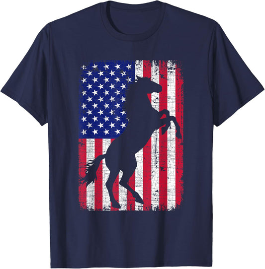 Patriotic Horse American Flag Horseback Riding Farm Gifts T-Shirt - T-Shirt | Navy