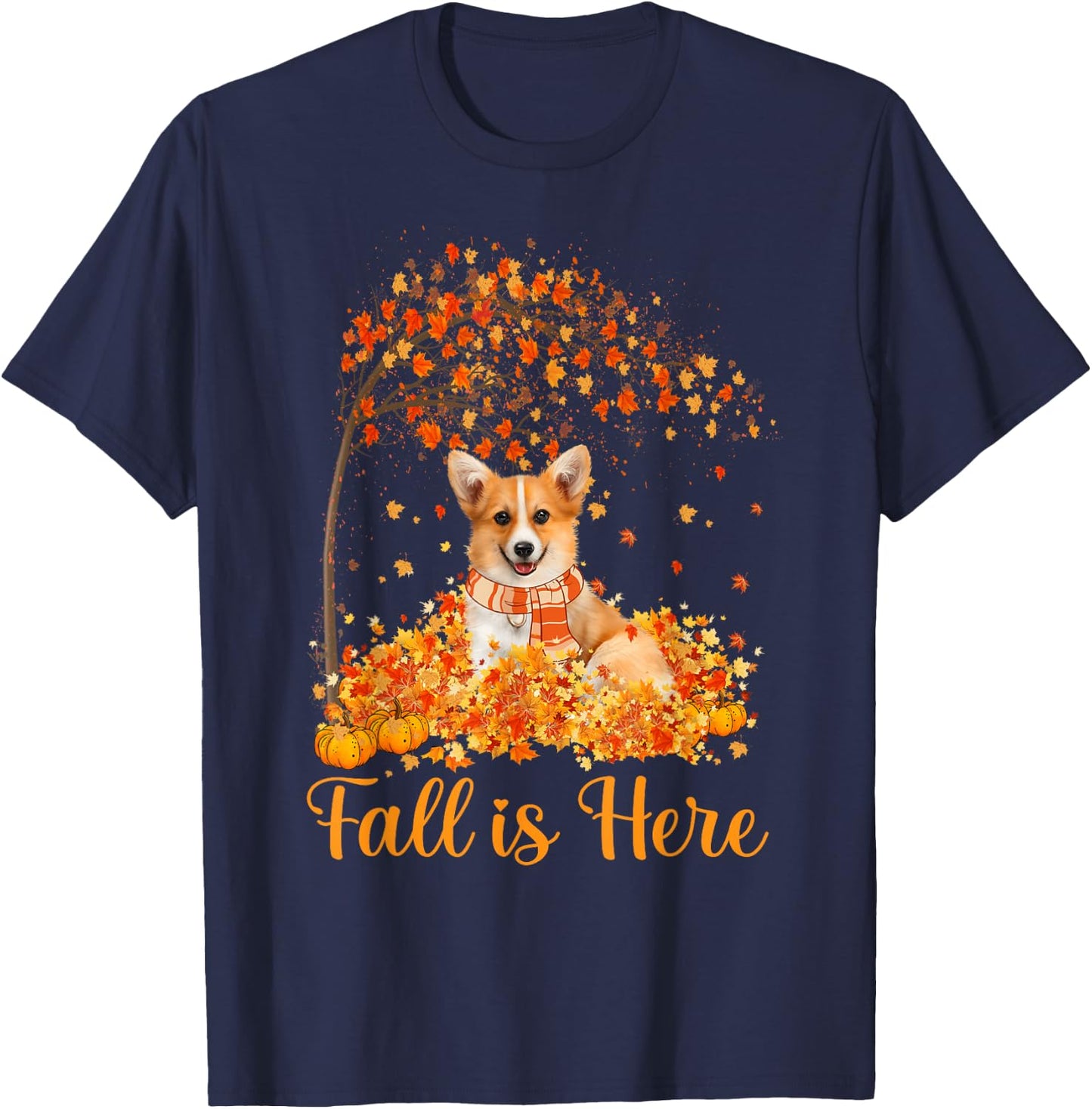 Fall Is Here Corgi Jumping On Autumn Leaf Pumpkin Dog Lovers T-Shirt - T-Shirt | Navy