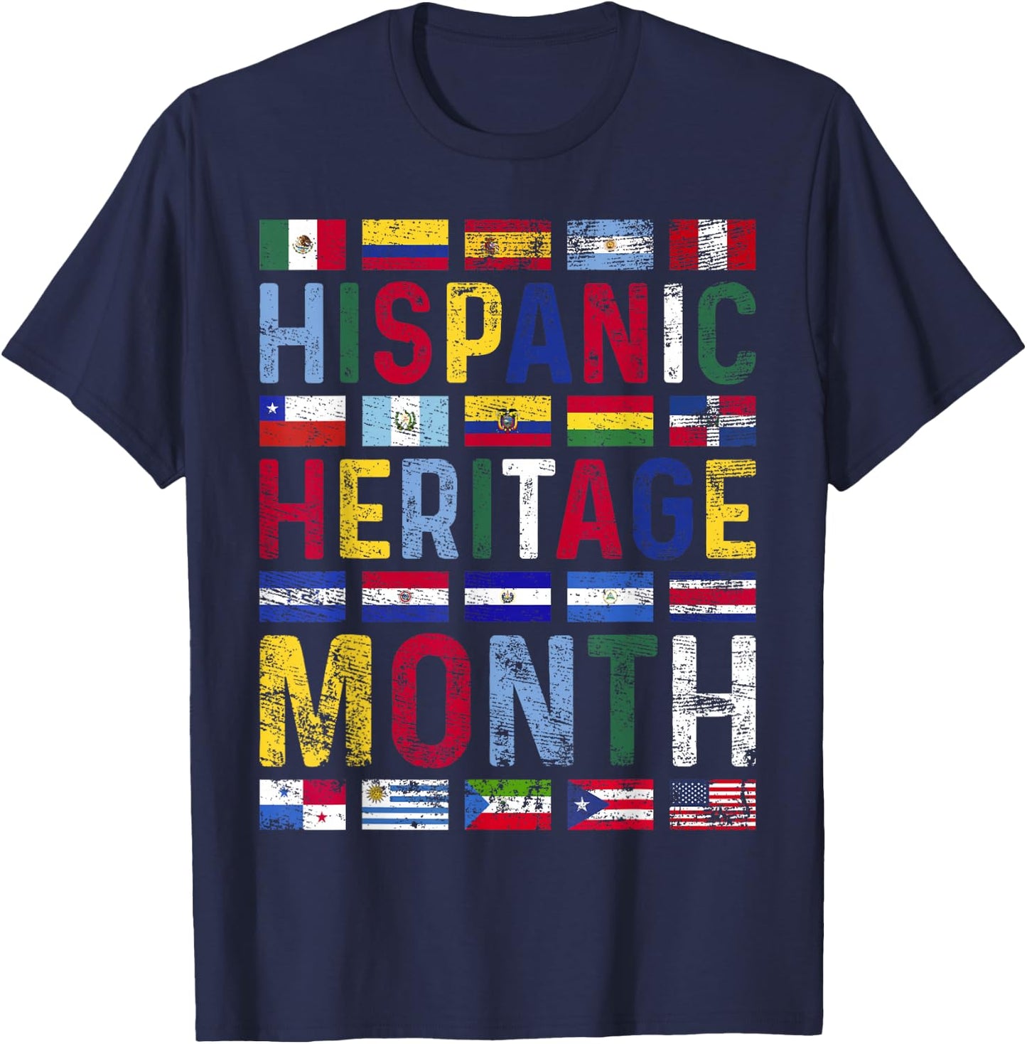 Hispanic Heritage Month Vintage Latino Countries Flags T-Shirt - T-Shirt | Navy